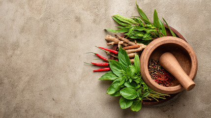 Asian cuisine ingredients beautifully arranged on a rustic stone surface with fresh herbs and spices.

