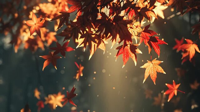 Golden sunlight filtering through falling red and orange maple leaves