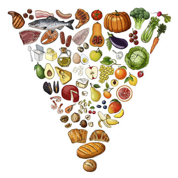 New Healthy Eating Pyramid. Colored food vector illustration, including vegetables and fruits, meat, and dairy products.