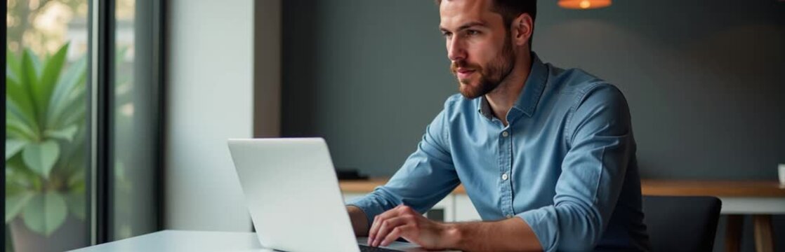 man sitting desk intently focused laptop computer front surrounded glass window left side ima