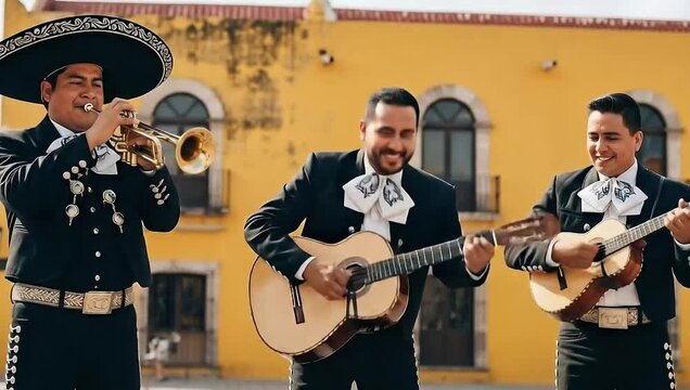 Traditional Mariachi Musicians Performing in Colorful Mexican Street Scene, festive cultural celebration, cinematic, realistic