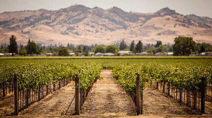 Fototapeta premium A picturesque vineyard bathed in golden sunlight, portraying tranquility and natural harmony. 