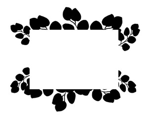 Black silhouette of eucalyptus branches forming a rectangular frame. Contrast botanical border for modern minimalist designs, laser cutting, and stylish graphic posters.