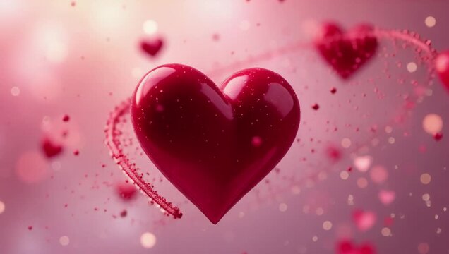 pink background several red hearts flying air creating beautiful romantic atmosphere hearts various sizes c