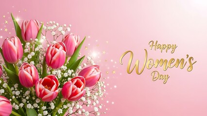 Happy women's day greeting card with pink tulips and baby's breath on soft pink