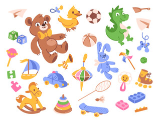 Cute kids toys flat set. Childish car, bear, music instruments, sport inventory, baby toys, characters. Colorful educational items games for children. Flat playful elements.