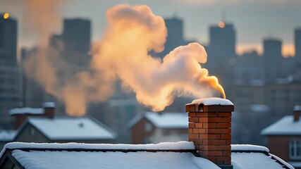 Snowy rooftop with smoking chimney, cityscape background, winter scene