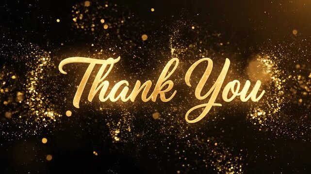 Golden thank you message on black background with sparkles