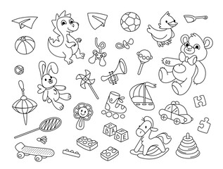 Baby kids toy line set. Black and white hand drawn elements. Monochrome cute education doodle items. Silhouette outline on white for children.