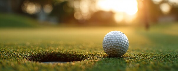 Golf ball on the green inching towards the hole in a tranquil golf course