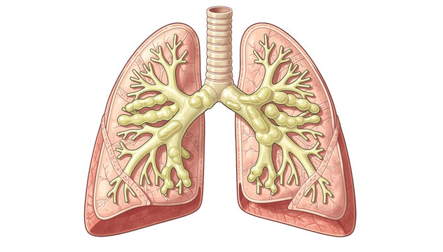 Detailed coronal slice illustration of central bronchiectasis highlighting mucusfilled dilated bronchi on a plain white backdrop emphasizing structural changes.