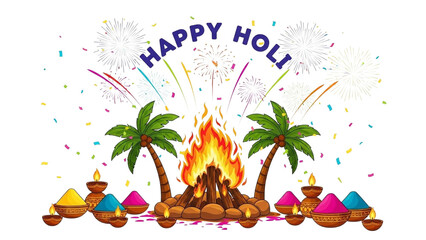 Happy Holi Festival Illustration with Fire and Colorful Powders Transparent Background