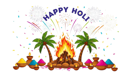 Happy Holi Festival Illustration with Fire and Colorful Powders Transparent Background