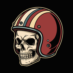 Vintage Skull Wearing Retro Motorcycle Helmet Illustration.