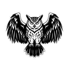 Obraz premium Majestic owl with spread wings in striking black and white illustration.
