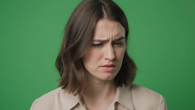 Young woman with concerned expression standing against green screen background with blank white space