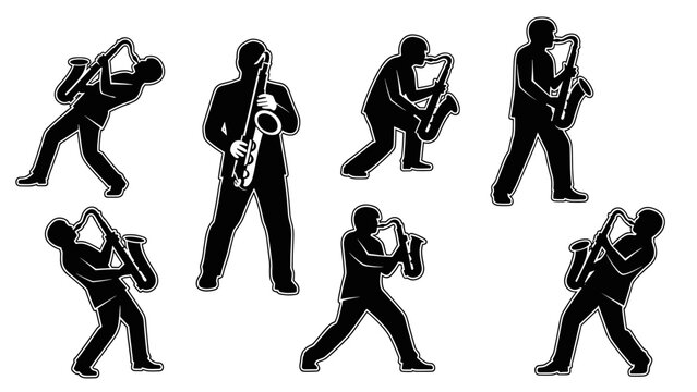 Silhouettes of various musicians playing the saxophone in different dynamic poses.