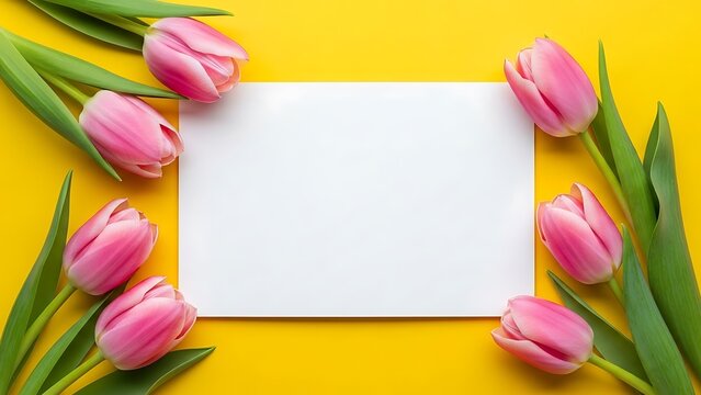 Pink tulips flowers arranged around blank white card on yellow background for spring - Powered by Adobe