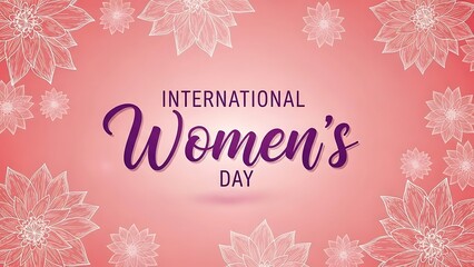 International women's day celebration with pink flowers and purple text on a light
