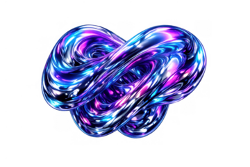 Abstract fluid chrome knot shape reflecting vibrant neon blue and purple colors on a transparent background