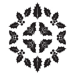 Symmetrical Circular Pattern of Black Holly Leaves and Berries on a White Background