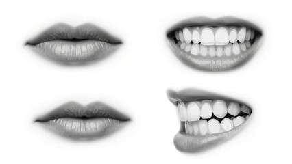 Obraz premium Set of woman lips retro halftone collage elements vector illustration pop art style. Mouths collection including scream, bite, and smile 