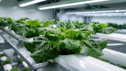 Fresh organic green lettuce growing in hydroponic system. Modern sustainable agriculture, soil-free farming, innovative food production, eco-technology concept.