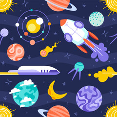 Rockets and planets seamless pattern. Dark background space doodle print. Stars, cute spaceships, Milky Way, galaxy. Colorful kids pattern.