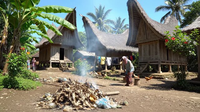 Tropical village scene with stilt houses, palm trees, cooking smoke, wood pile, people tending tasks