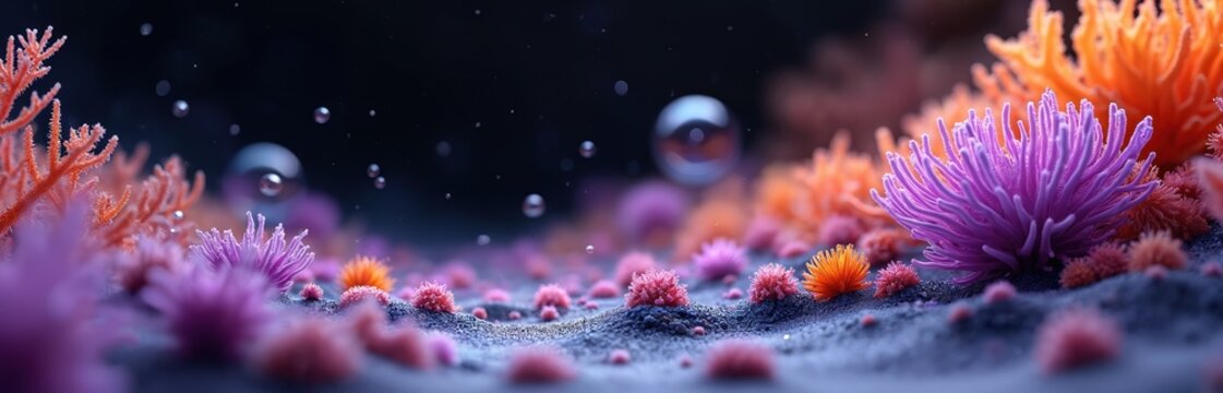 Microscopic organisms in vibrant colors bloom on dark seabed. Bubbles float in deep water near glowing coral. Underwater life shows complex patterns and textures. It is beautiful and detailed.