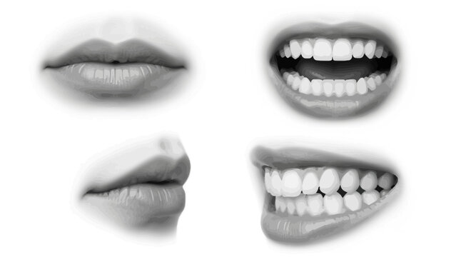 Set of woman lips retro halftone collage elements vector illustration pop art style. Mouths collection including scream, bite, and smile 