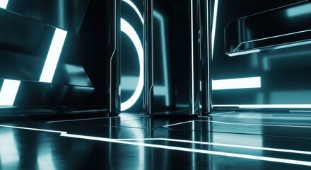 Neon-lit futuristic interior with metallic gleam