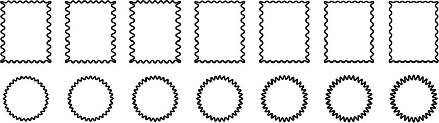 Set of scallop, zigzag, sunburst, starburst black outline frame. Flat style labels, stickers
