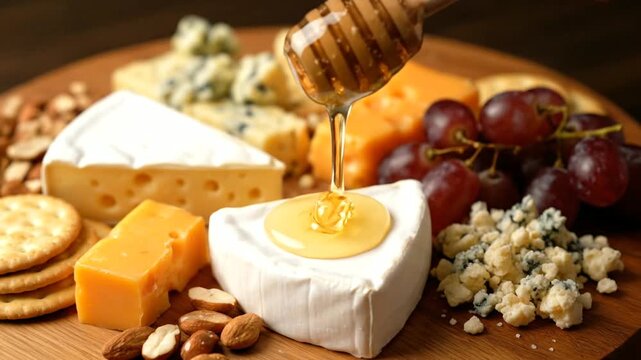 Honey Dripping on Cheese Board with Grapes.
