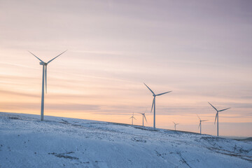 Multiple wind turbines stand in a snowy landscape as sun sets on a winters day