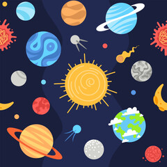 Space planets seamless pattern. Dark background for kids and education. Cute cosmic print. Galaxy doodle cartoon planets and stars.