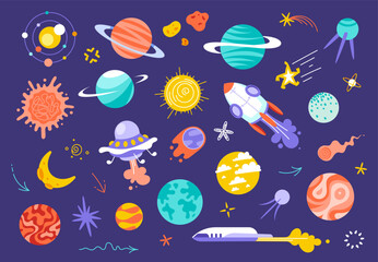 Space planets and galaxy elements. Science technology icon set. Spaceships, planets, meteors, stars in colorful kids pattern cartoon style.  © Oksana Kabanchuk