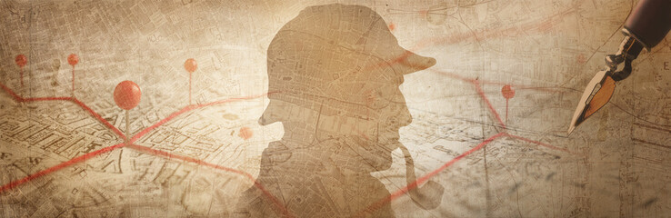Conceptual collage of a detective silhouette over an old city map with marked routes and clues,...