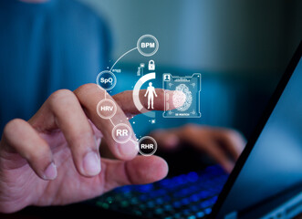 Fototapeta premium Digital health dashboard protected by cybersecurity lock icon, representing secure medical data, healthcare privacy, and information security in modern digital healthcare systems.