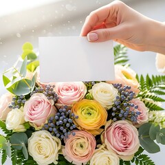 Elegant Close-Up of Rose Bouquet and Hand Holding Blank Card