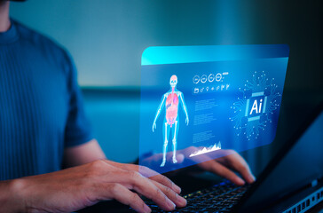 Digital health dashboard featuring AI diagnosis and medical intelligence icons, representing...