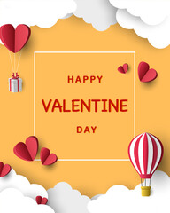 Valentine's Day paper art background collection. 3D paper cut style illustration with romantic hearts and hot air balloons on pastel sky