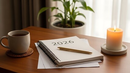Minimalist Still Life Cozy Morning 2026 Year Planner on Wooden Table