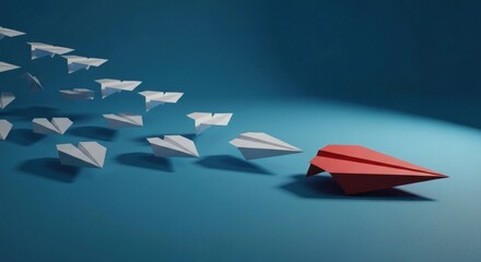 Red paper plane leads white planes, blue background