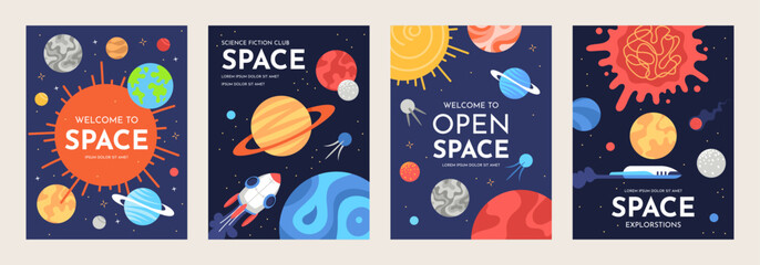 Space poster and cards. Universe flyers open space fun science club. Planet and stars doodle education banner design. Cartoon rocket, spaceship, sun dark background space. © Oksana Kabanchuk
