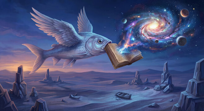Pesce volante con ali che tiene in bocca un libro antico da cui esce una galassia. Generative AI 