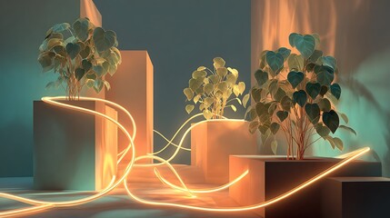 Luminous vines spreading across modern potted plants with neon lights in a dark room with modern plants and indoor plants and neon decoration