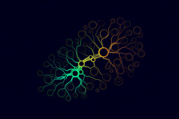 Abstract fractal network of interconnected glowing circles and branching lines in a gradient of green to orange against a dark navy blue background representing data flow or neural connections