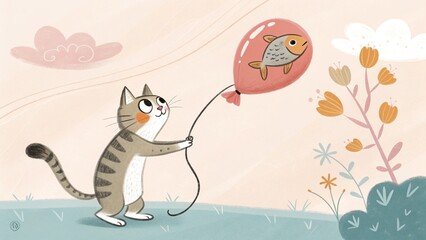 A curious cat holding a floating fish-shaped balloon, surreal and silly concept