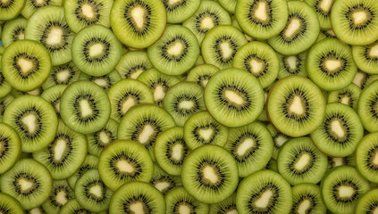 Close up of vibrant green kiwi fruit slices, ideal for promoting healthy eating, food blogs, nutrition articles, or fruity backgrounds.